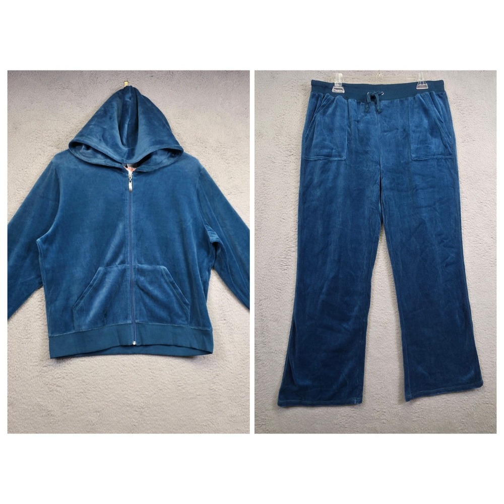 Y2K Velour‎ Tracksuit Womens 1X Blue Hooded Jacket Wide Leg High Rise Pants Y2K
